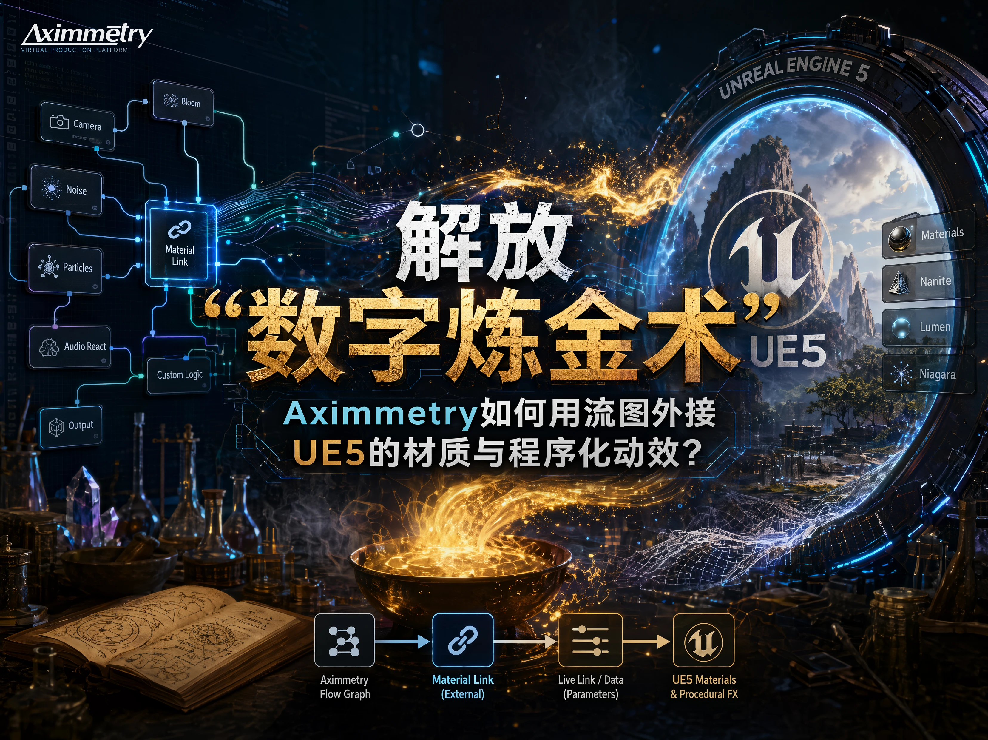解放“数字炼金术”：Aximmetry如何用流图外接UE5的材质与程序化动效？