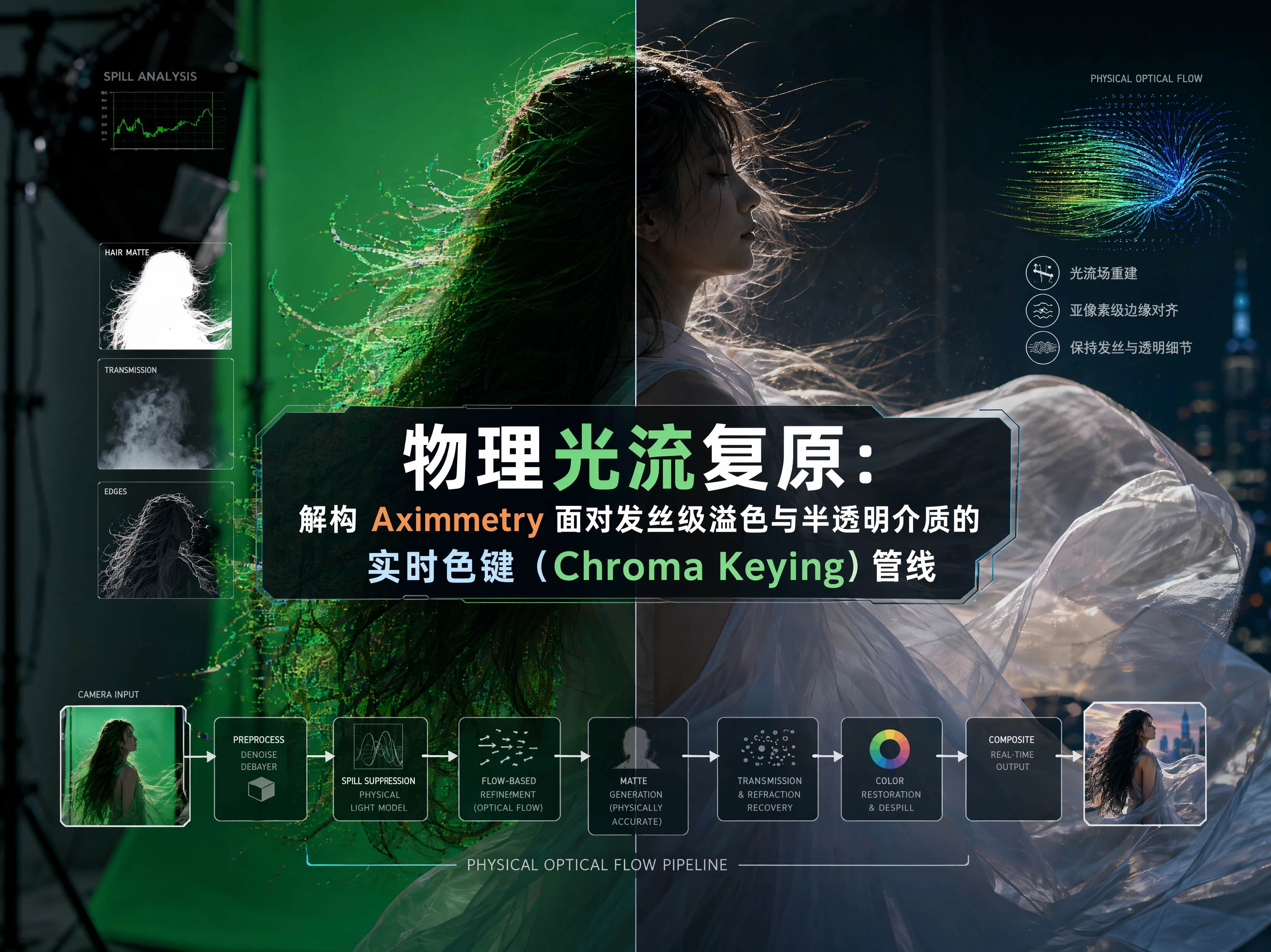 物理光流复原：解构 Aximmetry 面对发丝级溢色与半透明介质的实时色键（Chroma Keying）管线